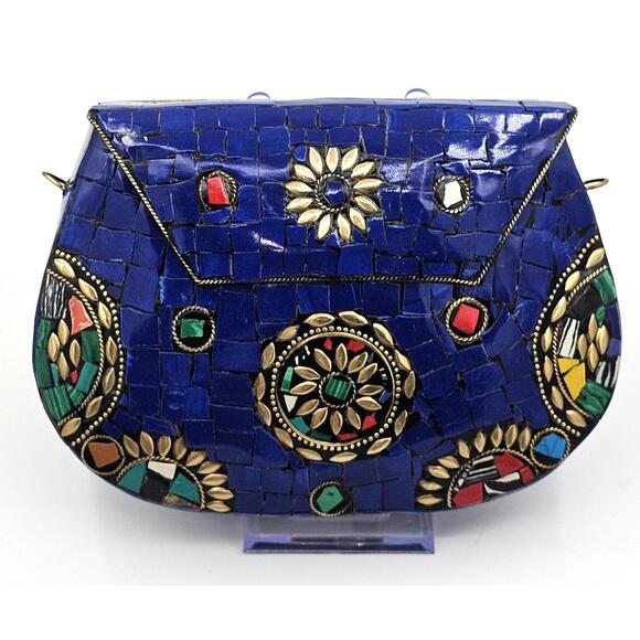 Handbags - Ramla Vintage Mosaic Floral Blue Clutch Purse